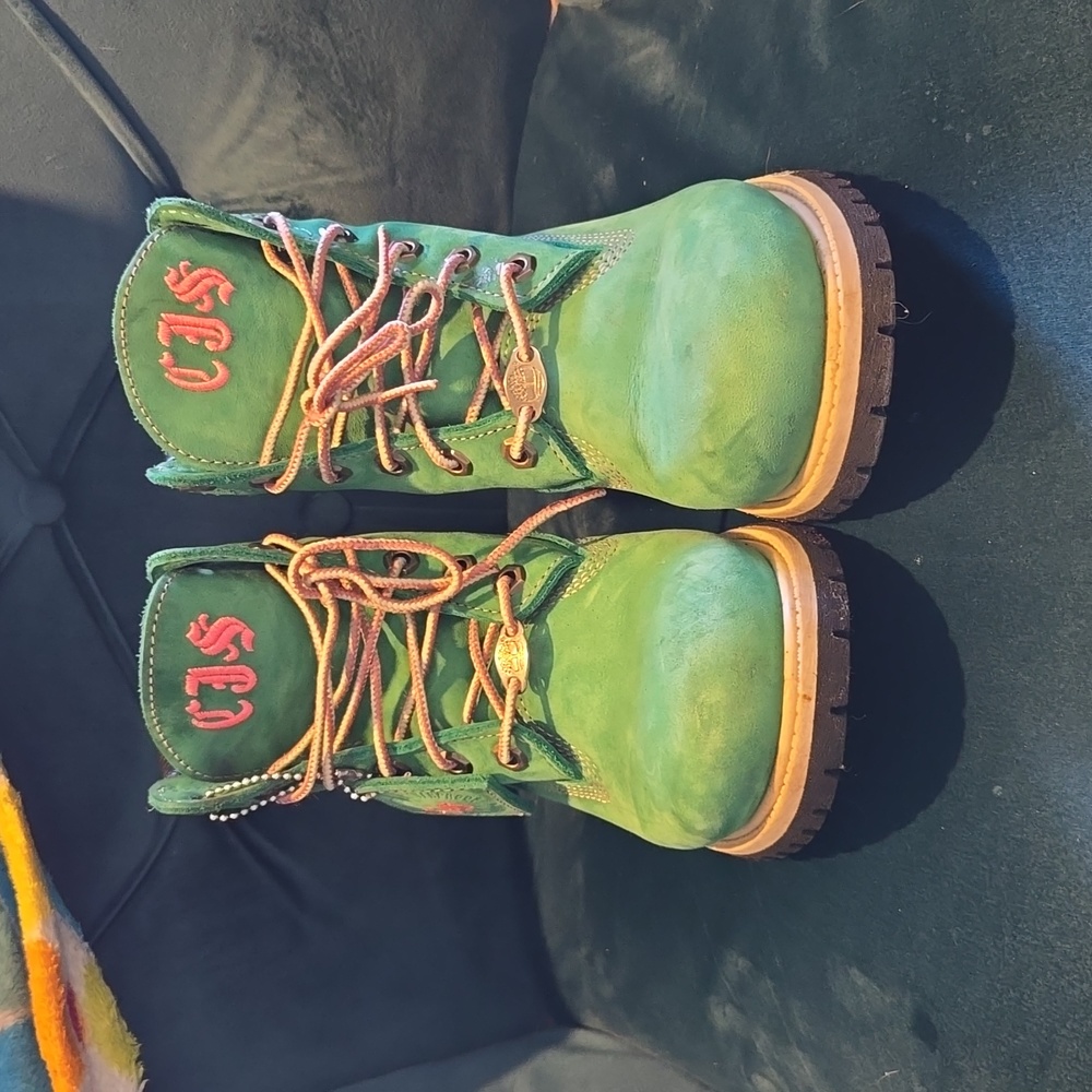 Green timberland boots with pink embroidery snow winter work boots
